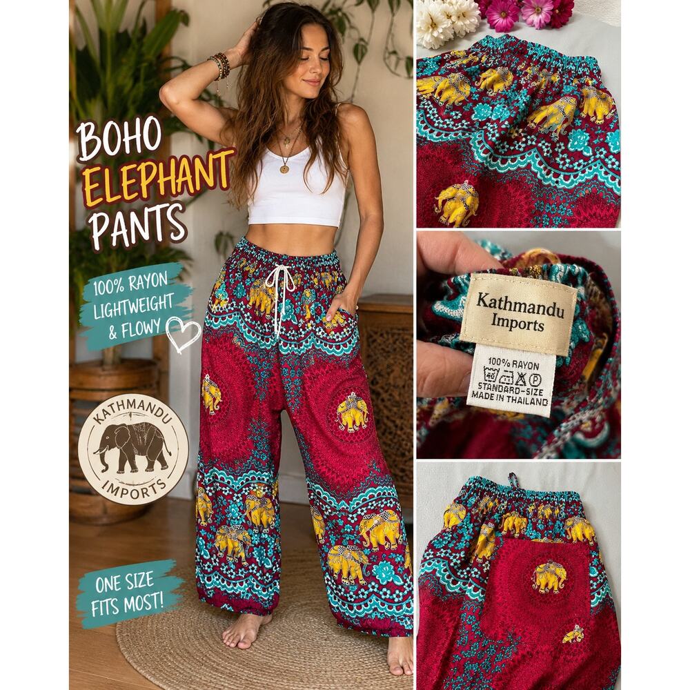 Kathmandu Imports Elephant Print Rayon Boho Lounge Pants